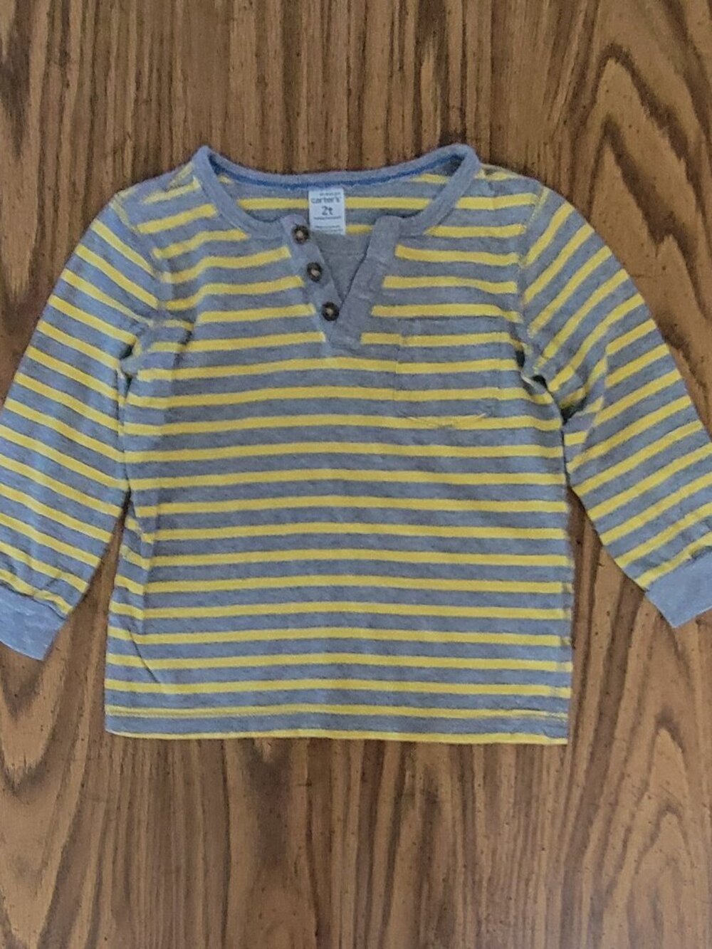 Carter’s Boys 2T Gray Yellow Striped Long Sleeve Henley Shirt Pocket
